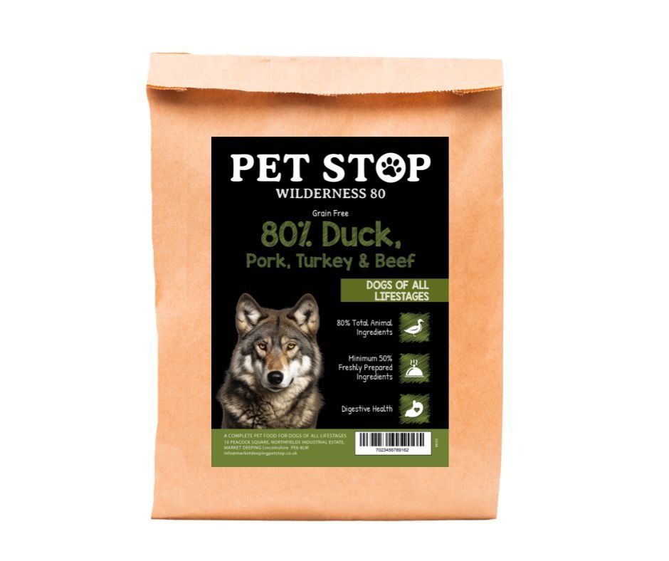 Pet Stop Wilderness 80% Duck, Pork, Tukey & Fish 13.5kg