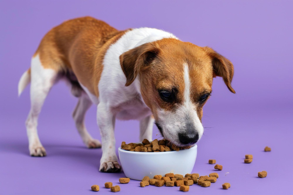 dog eating out of a bowl of food with a purple background